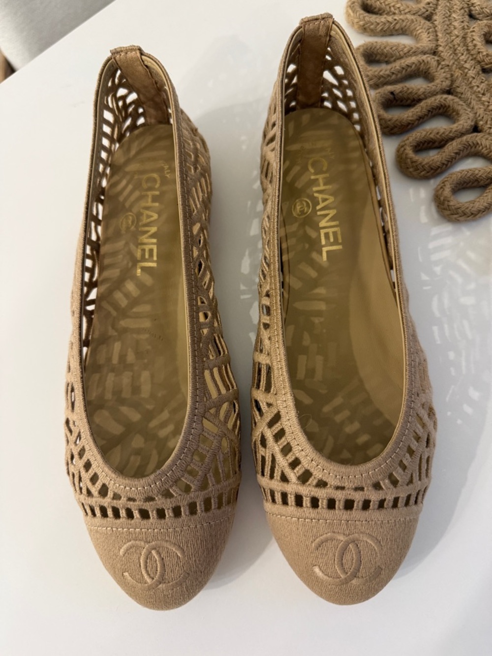 CHANEL Tan Laser-Cut CC Logo Ballet Flats